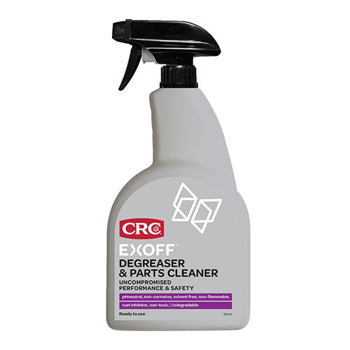 CRC Exoff Degreaser & Parts Cleaner 750ml in a white spray bottle with a black handle, designed for safe, high-performance cleaning of metals and surfaces, ideal for workplace safety applications.