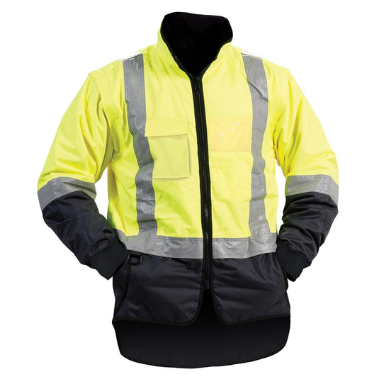 Bison Stamina 5-in-1 Rain Jacket Combo featuring a yellow and black design, includes a two-way zip with storm flap, mesh lining, hideaway hood, and reflective tape for high visibility.