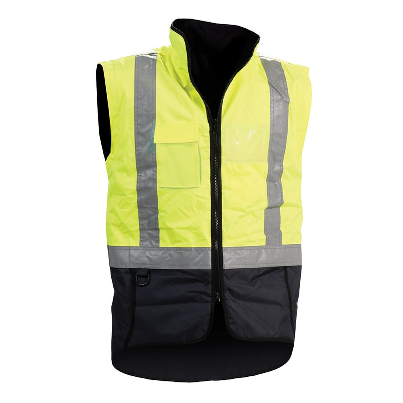 Load image into Gallery viewer, Bison Stamina 5-in-1 Rain Jacket Combo featuring a yellow vest with grey reflective stripes, fleece lining, removable sleeves, and multiple pockets, ideal for high-visibility safety and protection in wet conditions.
