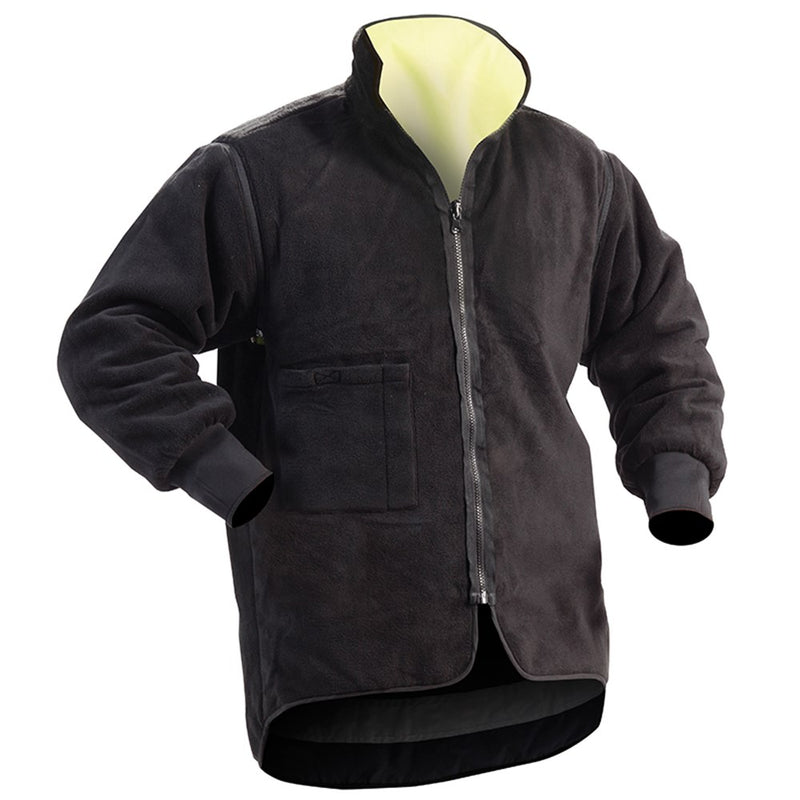 Load image into Gallery viewer, Bison Stamina 5-in-1 Rain Jacket Combo featuring a black jacket with visible yellow lining, a robust two-way zip, a hideaway hood, and large front pockets, ideal for safety and workwear environments.
