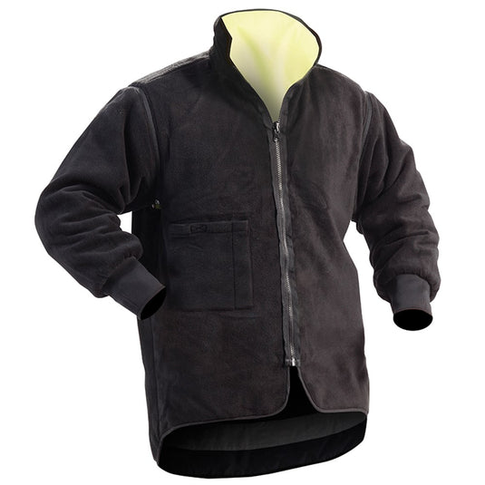 Bison Stamina 5-in-1 Rain Jacket Combo featuring a black jacket with visible yellow lining, a robust two-way zip, a hideaway hood, and large front pockets, ideal for safety and workwear environments.
