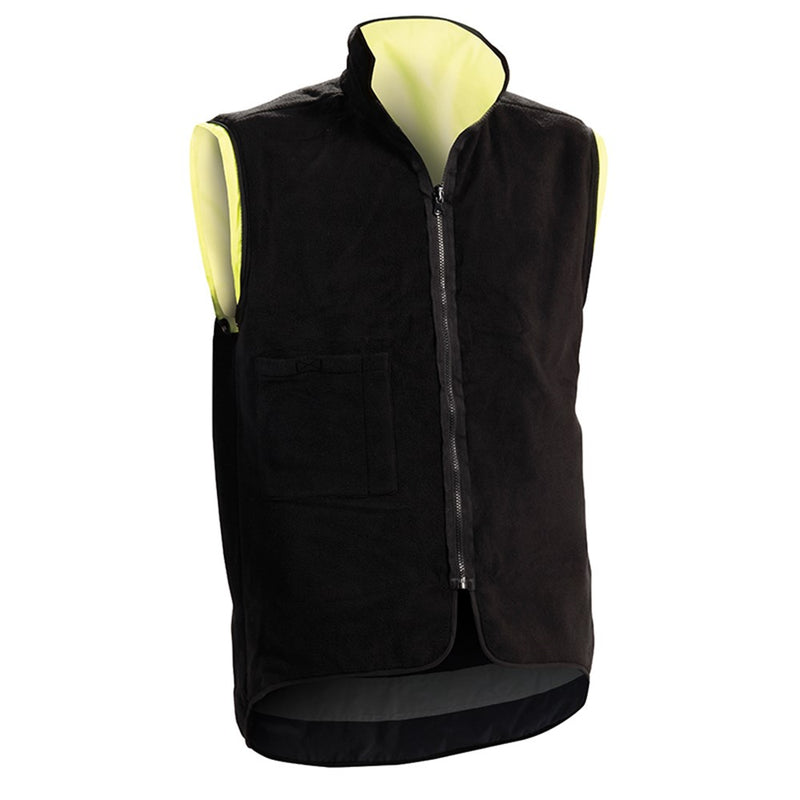Load image into Gallery viewer, Bison Stamina 5-in-1 Rain Jacket Combo featuring a black vest with yellow lining and zipper, fleece lining, removable sleeves, dual entry pockets, and reflective tape, ideal for safety and workwear.