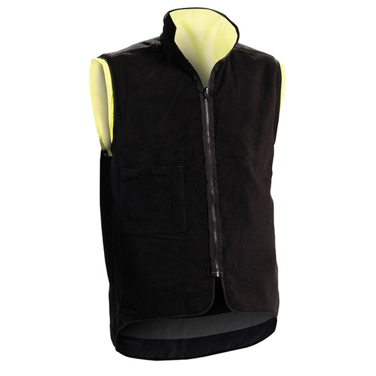 Bison Stamina 5-in-1 Rain Jacket Combo featuring a black vest with yellow lining and zipper, fleece lining, removable sleeves, dual entry pockets, and reflective tape, ideal for safety and workwear.