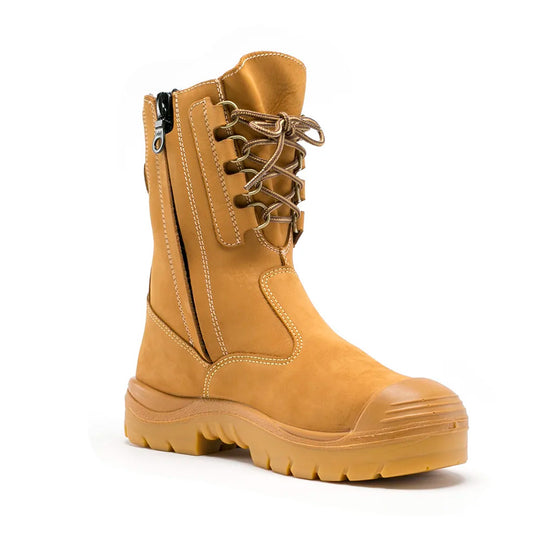Steel Blue Collie Safety Boots featuring a high-leg design with industrial-grade zipper, steel toe cap, and durable nitrile outsole, suitable for workplace safety and comfort.