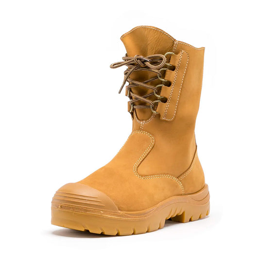 Steel Blue Collie Safety Boots featuring a high-leg design with laces and industrial-grade zipper, perfect for workplace safety with a steel toe cap and slip-resistant sole.