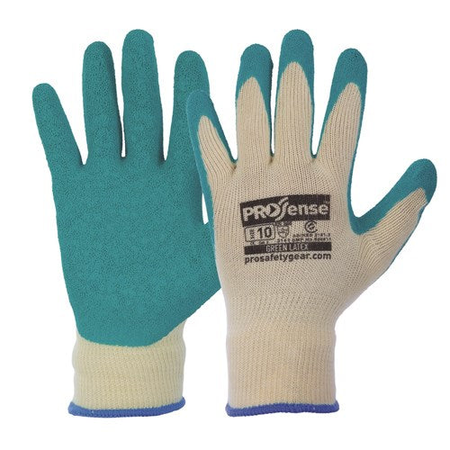 Pro Diamond Grip Latex Gloves featuring crinkle latex-dipped palms and fingers for improved grip, with an open knit back for ventilation and elasticized fit, ideal for safety and workplace use.