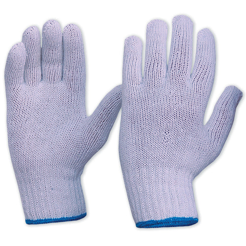 Pro Knitted Poly Cotton Gloves, designed for durability and breathability with a 7-gauge knit. Reversible for versatile use, offering a clean look through bleaching. Ideal for safety and workplace environments.