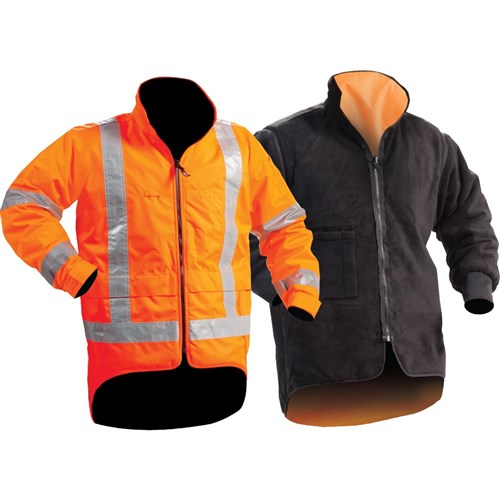 Load image into Gallery viewer, Bison Stamina 5-In-1 Rain TTMC-W Jacket Combo, featuring reflective stripes, a close-up of a hooded jacket, and a vest with zip-off sleeves, ideal for safety and versatility.