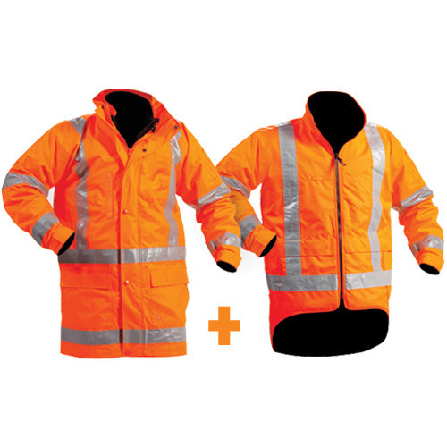 Load image into Gallery viewer, Bison Stamina 5-In-1 Rain TTMC-W Jacket Combo displayed, showcasing the versatile jacket and vest setup, ideal for high-visibility workwear with detachable sleeves, premium zippers, and compliance with safety standards.