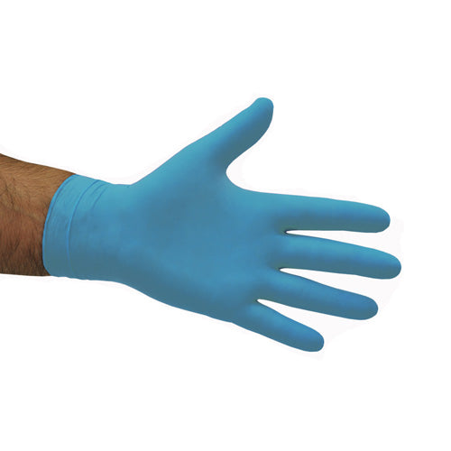 Selfgard Nitrile P/F Disp Gloves Box/100 features a close-up of a hand wearing a blue safety glove. Ideal for chemical resistance and offering a good grip, perfect for workplace safety needs.