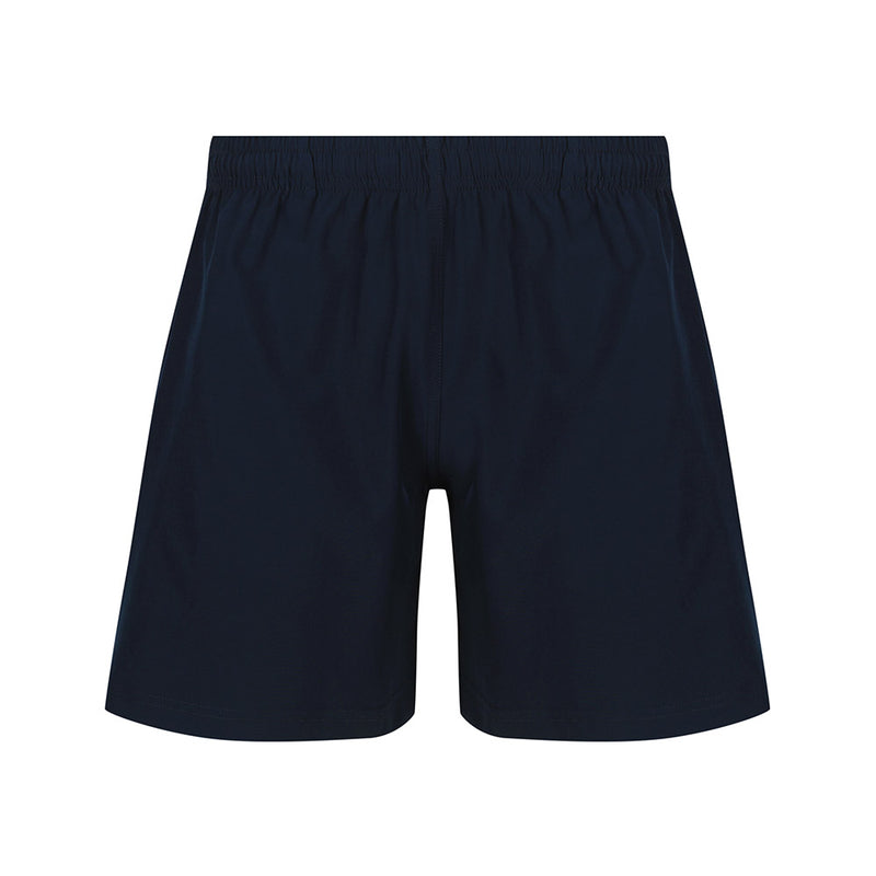 Load image into Gallery viewer, Kids School Shorts featuring a 140gm, 92% polyester, 8% spandex blend with a 4-way stretch. Designed with an elasticated waist, inner drawcord, side seam pockets, and side split leg openings, ideal for active wear.