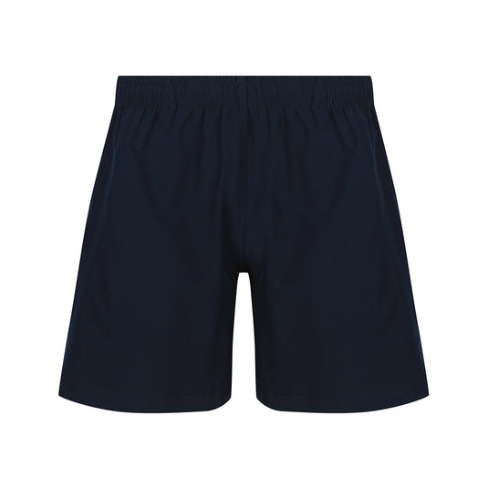Kids School Shorts featuring a 140gm, 92% polyester, 8% spandex blend with a 4-way stretch. Designed with an elasticated waist, inner drawcord, side seam pockets, and side split leg openings, ideal for active wear.