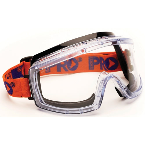 Pro Foam Bound Safety Goggle: Clear, featuring an anti-scratch, anti-fog lens with indirect venting and a foam-bound wide strap for comfort, ideal for safety and UV protection in humid environments.