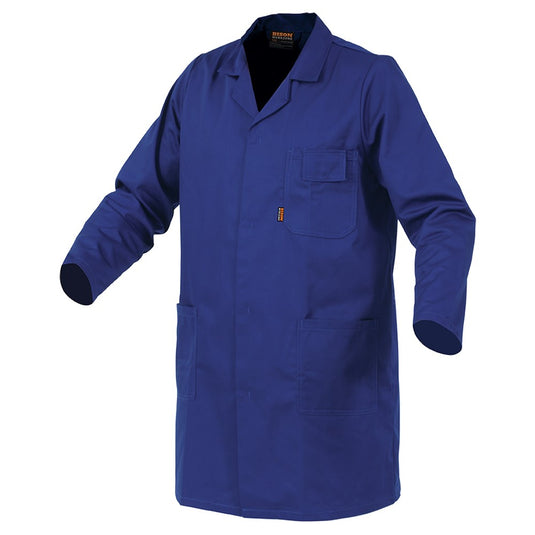 Bison Polycotton Domed Dustcoat, Royal Blue, featuring a domed front closure, open plans pocket, separate pen pocket, and concealed cellphone pocket, ideal for safety and uniform needs.