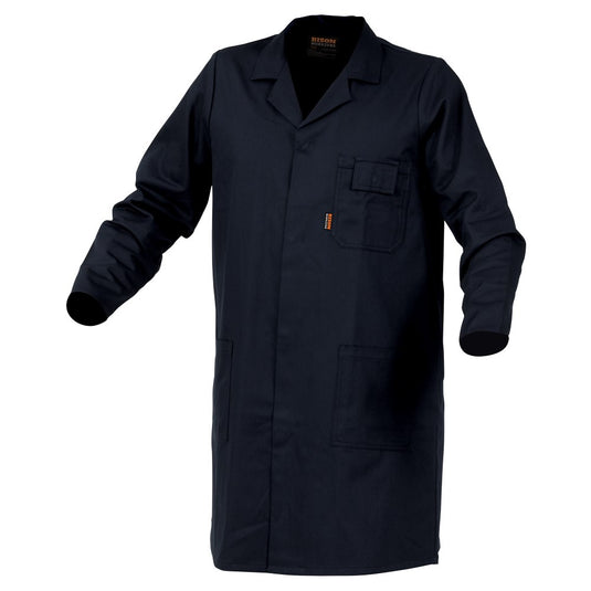 Bison Cotton Domed Dustcoat features a domed front closure, open plans pocket, separate pen pocket, and a cellphone pocket with concealed dome closure, designed for practical workwear functionality.