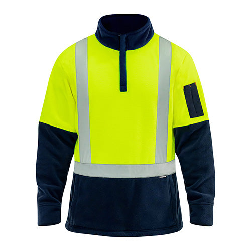 Bison Hi Vis Taped 1/4 Zip Polar Fleece featuring a ¼ zip front, zippered pockets, a pen pocket on the sleeve, and stretch reflective tape, ideal for high-visibility safety in workplace settings.