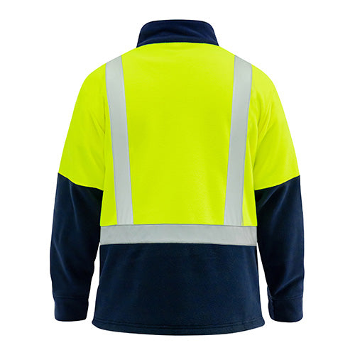 Bison Hi Vis Taped 1/4 Zip Polar Fleece jacket with reflective stripes, showcasing its back view. Features a zipped front and pen pocket on sleeve, ideal for safety and visibility.