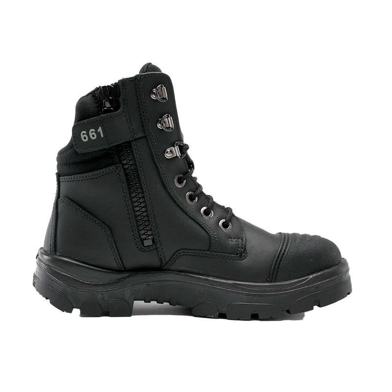 Load image into Gallery viewer, Steel Blue Southern Cross Zip/PR Midsole Safety Boots, Black, featuring a prominent industrial-grade zipper and steel toe cap, designed for enhanced safety and comfort with a low-cut scalloped collar for easy movement.