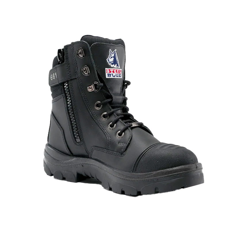 Load image into Gallery viewer, Steel Blue Southern Cross Zip/PR Midsole Safety Boots feature a robust 150mm design with a quick zip release, steel toe cap, and scuff cap, ideal for workplace safety and comfort.