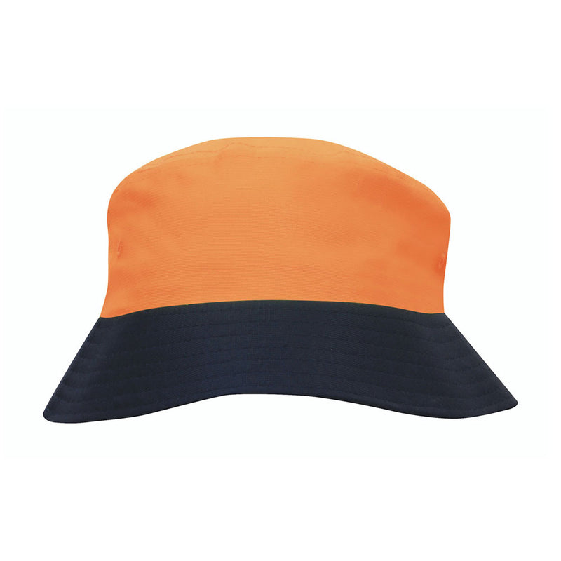 Load image into Gallery viewer, Luminescent Hi Vis Bucket Hat features a bright orange crown with a navy blue brim, designed for visibility and safety. Includes embroidered eyelets for breathability, perfect for outdoor work or activities.