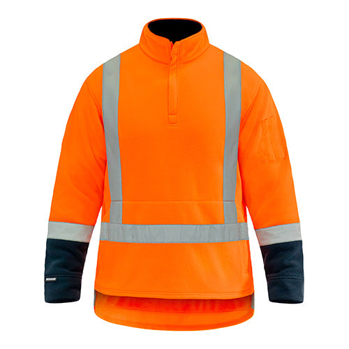 Bison Hi Vis TTMC-W17 1/4 Zip Polar Fleece, featuring grey reflective stripes and a pen pocket on the sleeve, designed for high visibility and safety in workplace environments.