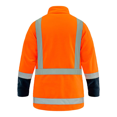 Load image into Gallery viewer, Back view of a person wearing the Bison Hi Vis TTMC-W17 1/4 Zip Polar Fleece, featuring a ¼ zip front, zipped pockets, pen pocket on sleeve, and stretch reflective tape.