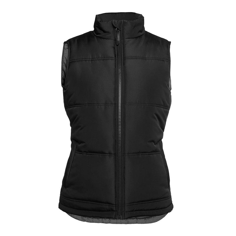 Load image into Gallery viewer, JB's Ladies Adventure Puffer Vest showcases an urban fit with a polyester Pongee shell, thick polyfill, horizontal design lines, water-shedding front pocket flaps, a chunky zipper, and an embroidery zipper for functional style.