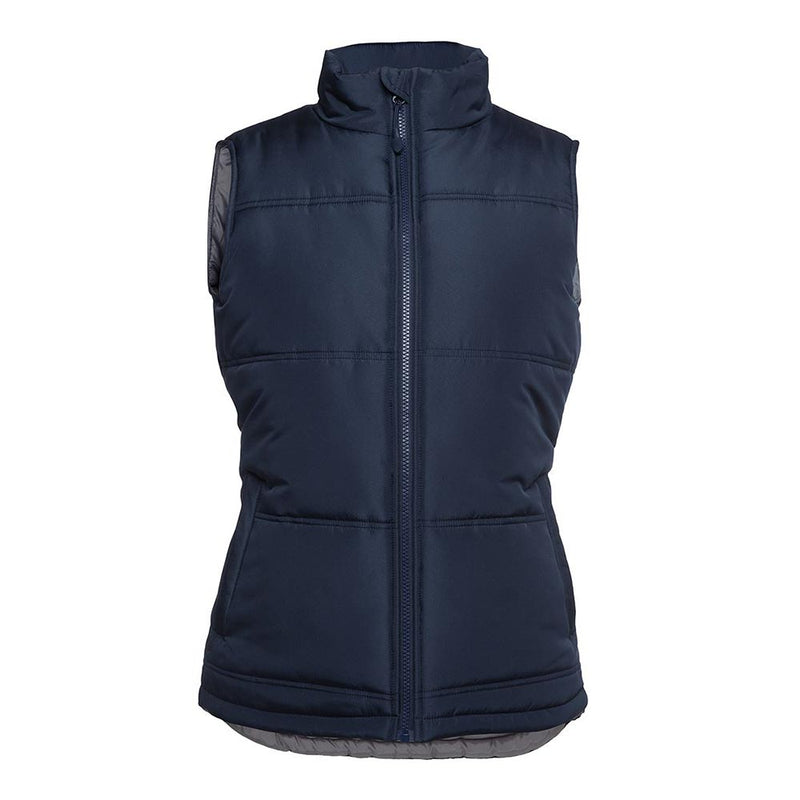 Load image into Gallery viewer, JB's Ladies Adventure Puffer Vest features a quilted, sleeveless design with a high collar and chunky front zipper, complemented by two front pockets with water-shedding flaps, ideal for active safety needs.