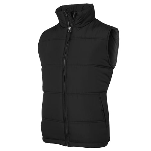 JB's Adventure Puffer Vest features a chunky front zipper, horizontal design lines, and two front pockets with water-shedding flaps, ideal for active safety and outdoor work environments.
