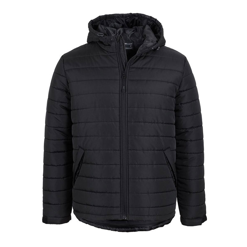 Load image into Gallery viewer, JB's Hooded Puffer Jacket featuring an urban fit, showcases extra thick polyfill with horizontal design lines, a zip front with hood, water-repellent pocket flaps, back drop tail, and embroidery zipper.
