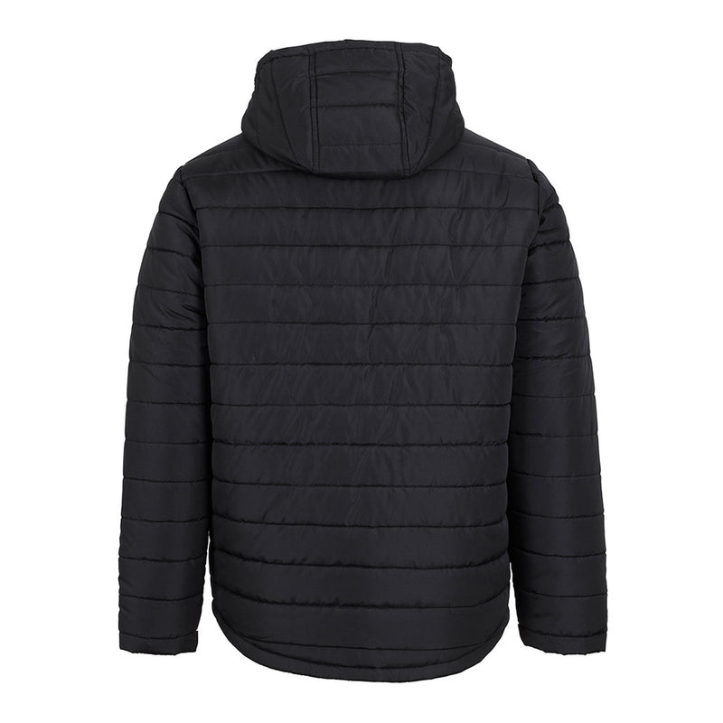 Load image into Gallery viewer, JB's Hooded Puffer Jacket features an urban fit with a polyester Pongee shell, thick polyfill, horizontal design lines, zip front with hood, two pockets with flaps, and a back drop tail.