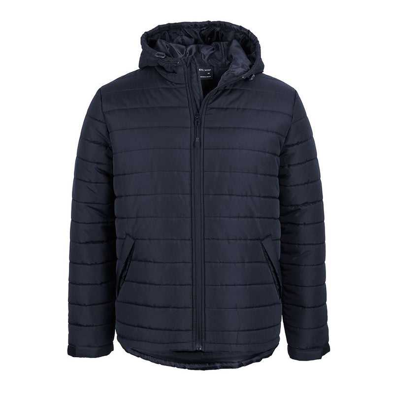 Load image into Gallery viewer, JB's Hooded Puffer Jacket features a sleek polyester shell and lining with thick polyfill, horizontal design lines, zip front, hood, two water-shedding pocket flaps, and a back drop tail.