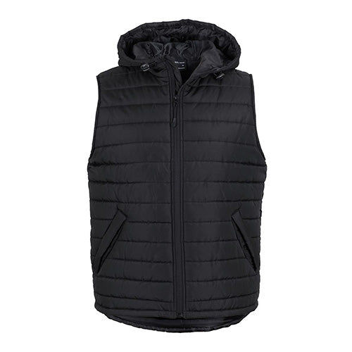 Load image into Gallery viewer, JB's Hooded Puffer Vest features a zip front, hood, and two front pockets with water-resistant flaps, designed with an extra thick polyfill and horizontal stitching for warmth and functionality.