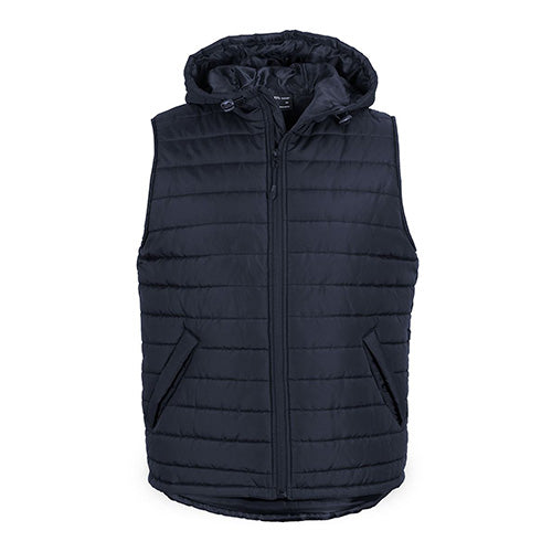 Load image into Gallery viewer, JB's Hooded Puffer Vest features a hood and zip front, emphasizing its urban fit and extra-thick polyfill design. Ideal for workwear, it includes water-shedding pocket flaps and a back drop tail.