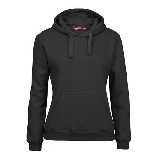 JB's Ladies Fleece Pullover Hoodie features a black design with a pink label, crafted from cotton-rich CVC fleece. It includes a front kangaroo pocket, fully lined hood, and ribbed cuffs for comfort.