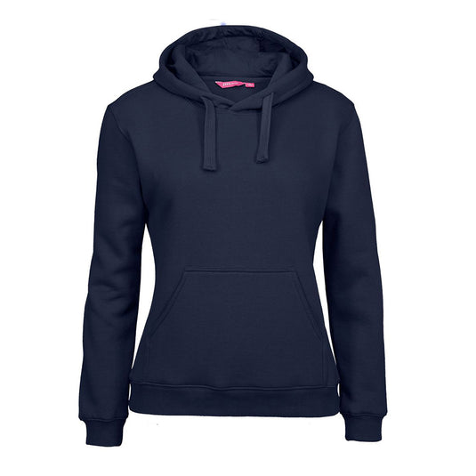 JB's Ladies Fleece Pullover Hoodie features a front kangaroo pocket and a fully lined hood, crafted from cotton-rich CVC fleece. Ideal for workplace comfort and functionality, available in black.