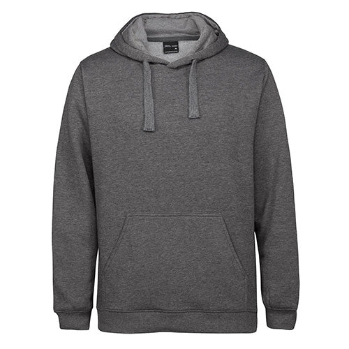JB's Fleecy Pullover Hoodie, a classic fit garment with a hood, features a front kangaroo pocket and ribbed cuffs for comfort, crafted from cotton-rich fleece. Ideal for workwear or safety uniform needs.