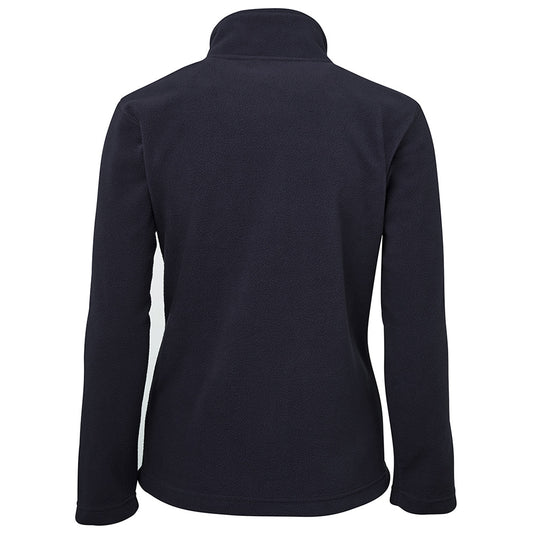 JB's Ladies Full Zip Polar Fleece showcased on a mannequin, featuring durable 100% polyester material, two front pockets, and an urban fit, ideal for workplace settings available at Active Safety.