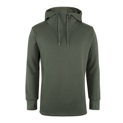 Load image into Gallery viewer, JB's Podium Sports Hoodie features a high collar with a drawcord, a hood, and a front kangaroo pocket. The design includes a sleeve cuff with a thumb hole for added functionality.