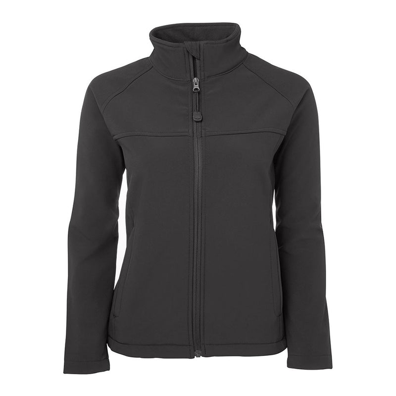 Load image into Gallery viewer, JB's Ladies Layer Soft Shell Jacket features a sleek design with a front zipper, two zip-up pockets, and an adjustable elastic hem. Ideal for active safety wear, it offers waterproof and breathable protection.