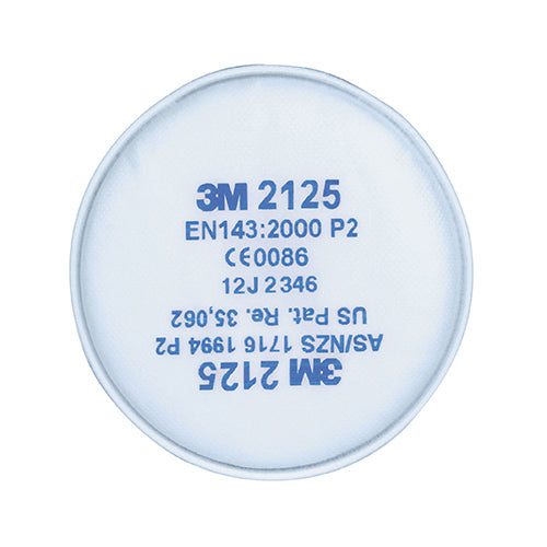 3M Particulate Disc Filter (P2) label close-up, showcasing text and numbers, designed for 3M respirators, offering protection against particles such as dust, mists, and fumes in various industrial applications.