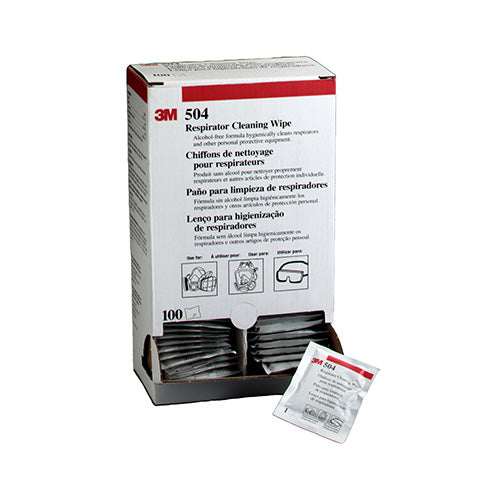 3M 504 Respirator Cleaning Wipes: Box/100, featuring individually sealed towelettes for easy, alcohol-free cleaning of facepiece respirators, ideal for maintaining hygiene in safety-conscious workplaces.