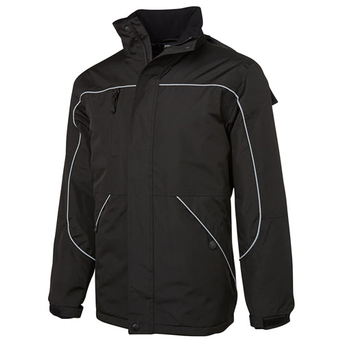 Load image into Gallery viewer, JB's Tempest Rain Jacket features a black design with white piping, removable hood, zip-up pockets, and quilted lining, epitomizing durability and protection for safety-focused work environments.