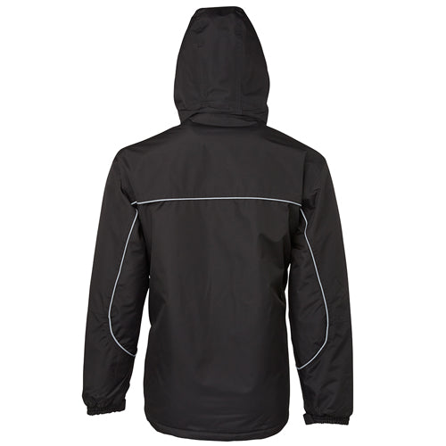 Load image into Gallery viewer, JB's Tempest Rain Jacket, a black outerwear piece featuring a white stripe, designed for enhanced protection with waterproof shell, quilted lining, and multiple pockets, ideal for safety and work environments.