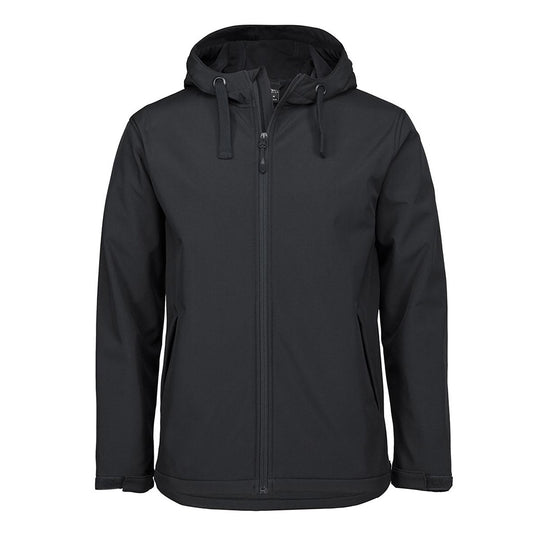 JB's Water Resistant Hooded Soft Shell Jacket features a sleek design with a hood, zipper, and front slant pockets, ideal for workplace safety and outdoor activities.