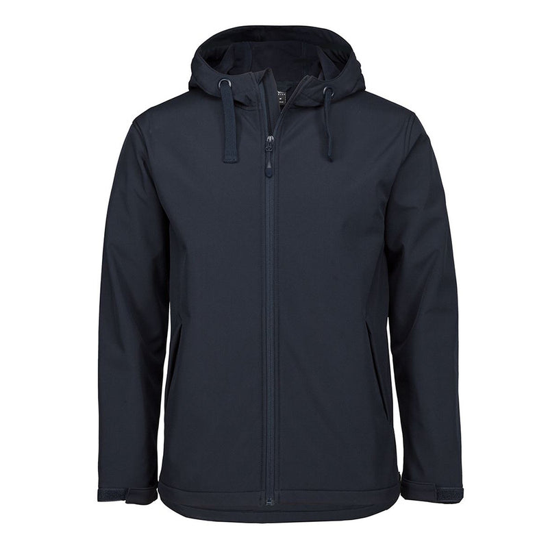 Load image into Gallery viewer, JB's Water Resistant Hooded Soft Shell Jacket features a hood and zipper, crafted from 100% polyester with microfleece, designed for weather resistance and breathability, ideal for safety-focused work environments.