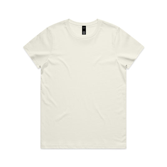 The AS Colour 4001 Women's Maple Tee, crafted from durable 100% combed cotton, features a regular fit with neck ribbing, double needle hems, and minimal shrinkage, ideal for workplace comfort.