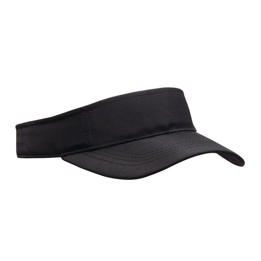 Sports Ripstop Visor with pre-curved peak and matching under material, featuring a 4-stitch polo sweatband and fabric-covered back fastener. Ideal for active safety environments, offering decoration areas on the front and side.