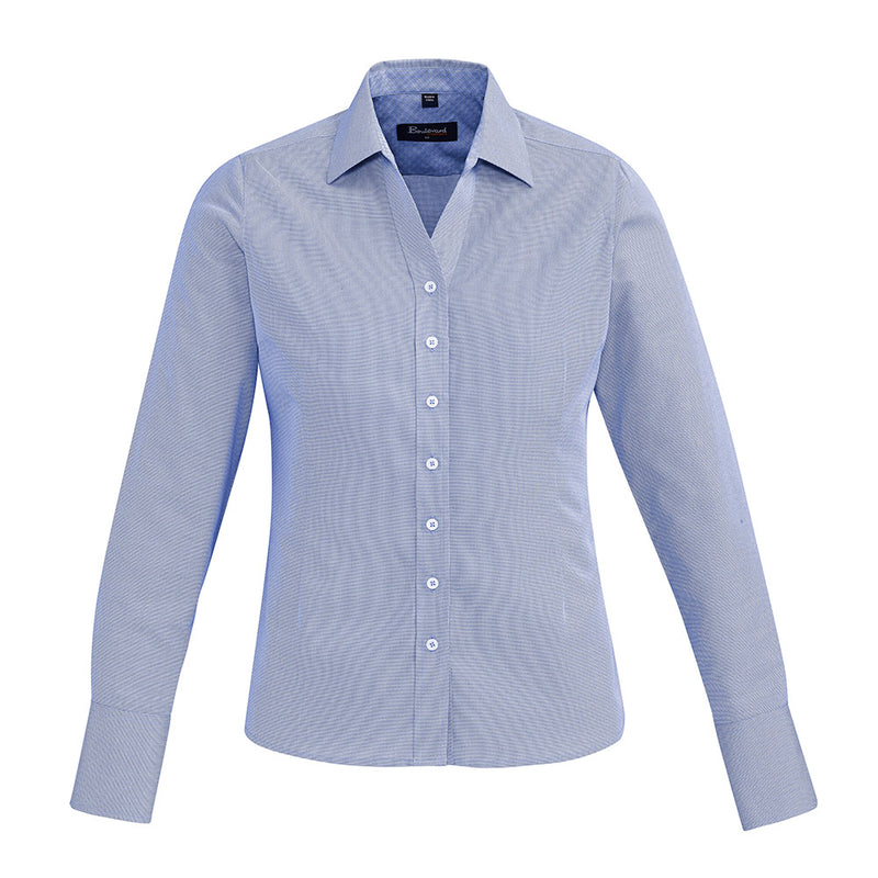 Load image into Gallery viewer, Biz Hudson Womens Long Sleeve Shirt with a relaxed silhouette and minimal detailing, featuring a collar, buttons, and a pocket, crafted from breathable 100% cotton yarn-dyed dobby fabric suitable for warmer climates.
