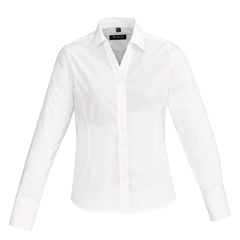 Load image into Gallery viewer, Biz Hudson Womens Long Sleeve Shirt featuring a relaxed silhouette, button-down front, and breathable yarn-dyed dobby fabric, ideal for workwear and warm climates.